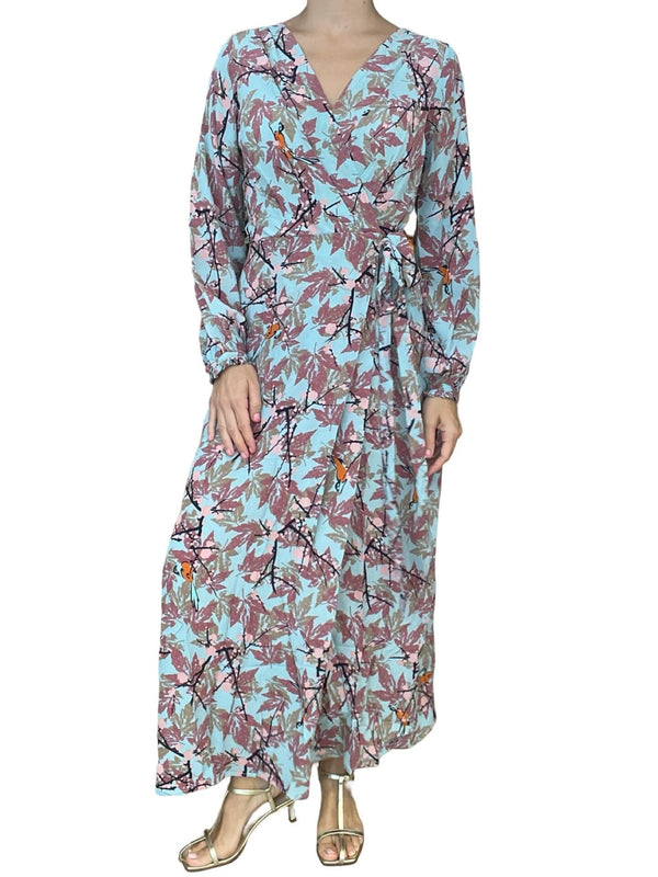 Ornaete Silk Wrap Dress with Light Blue Leaves Bow