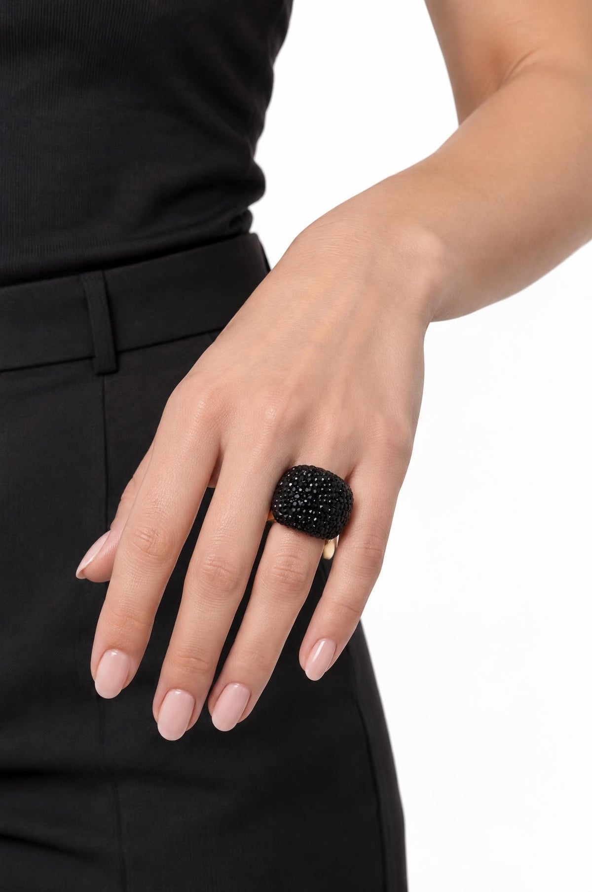 Anello Il Baco Da Seta Elastico Nero Cristalli