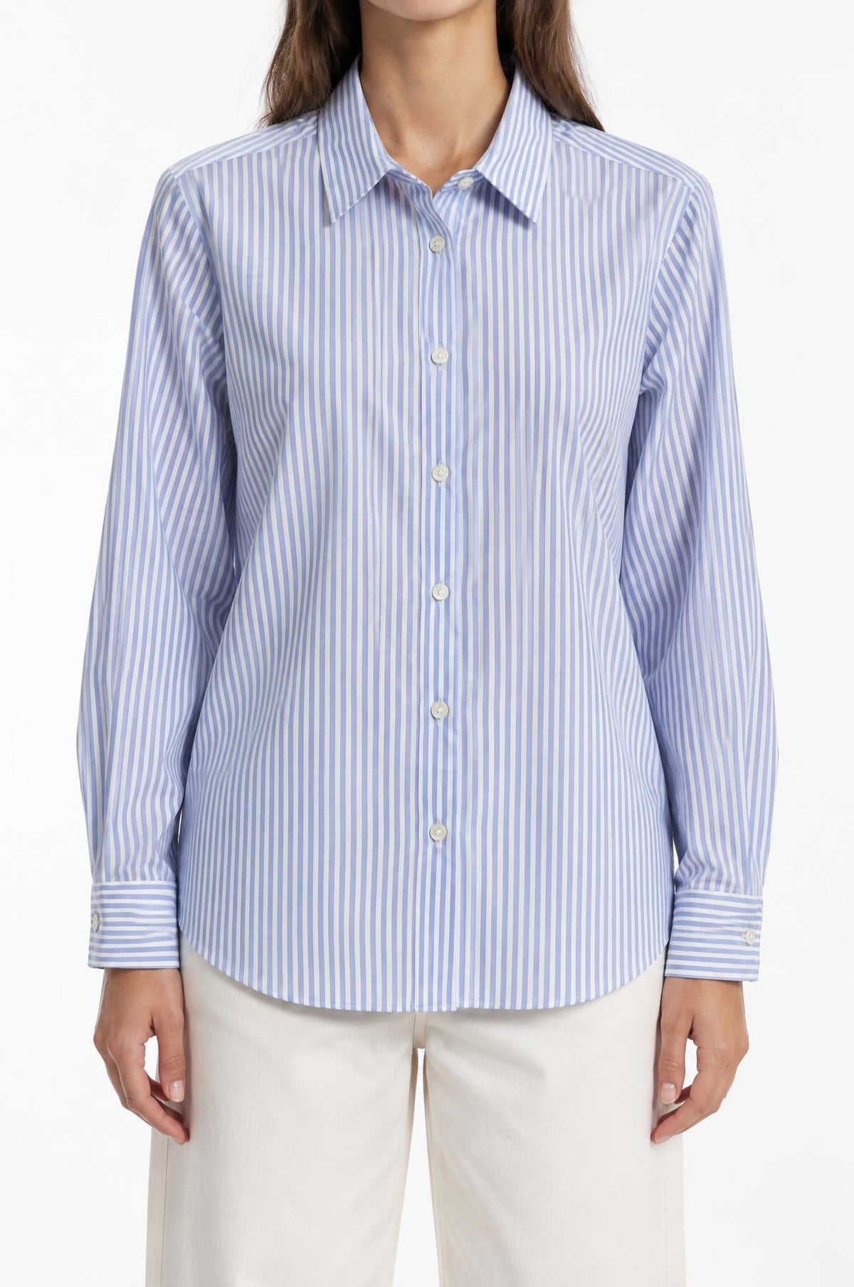 Camisa Academia Emily Tecno Rayas Azul Blanca