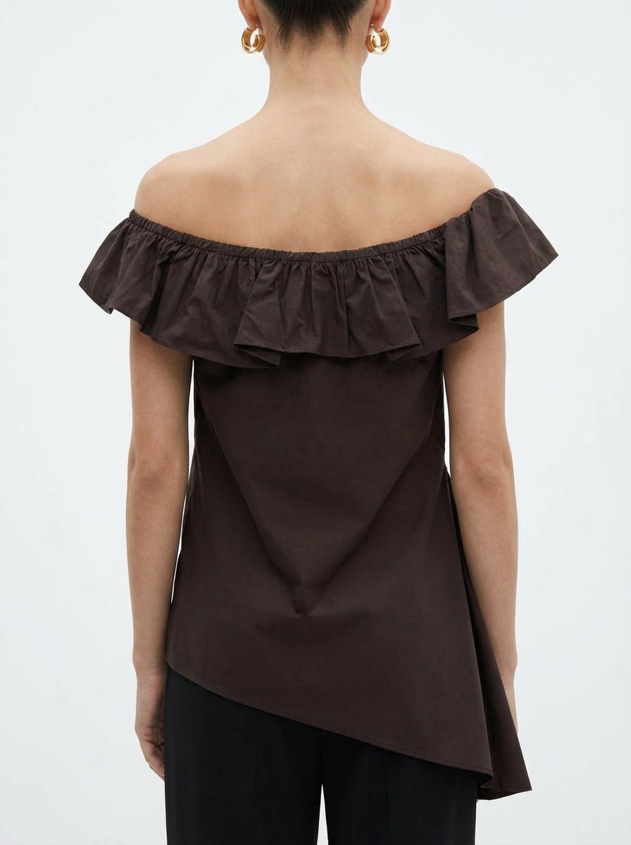 Top SU Asymétrique À Volants Marron