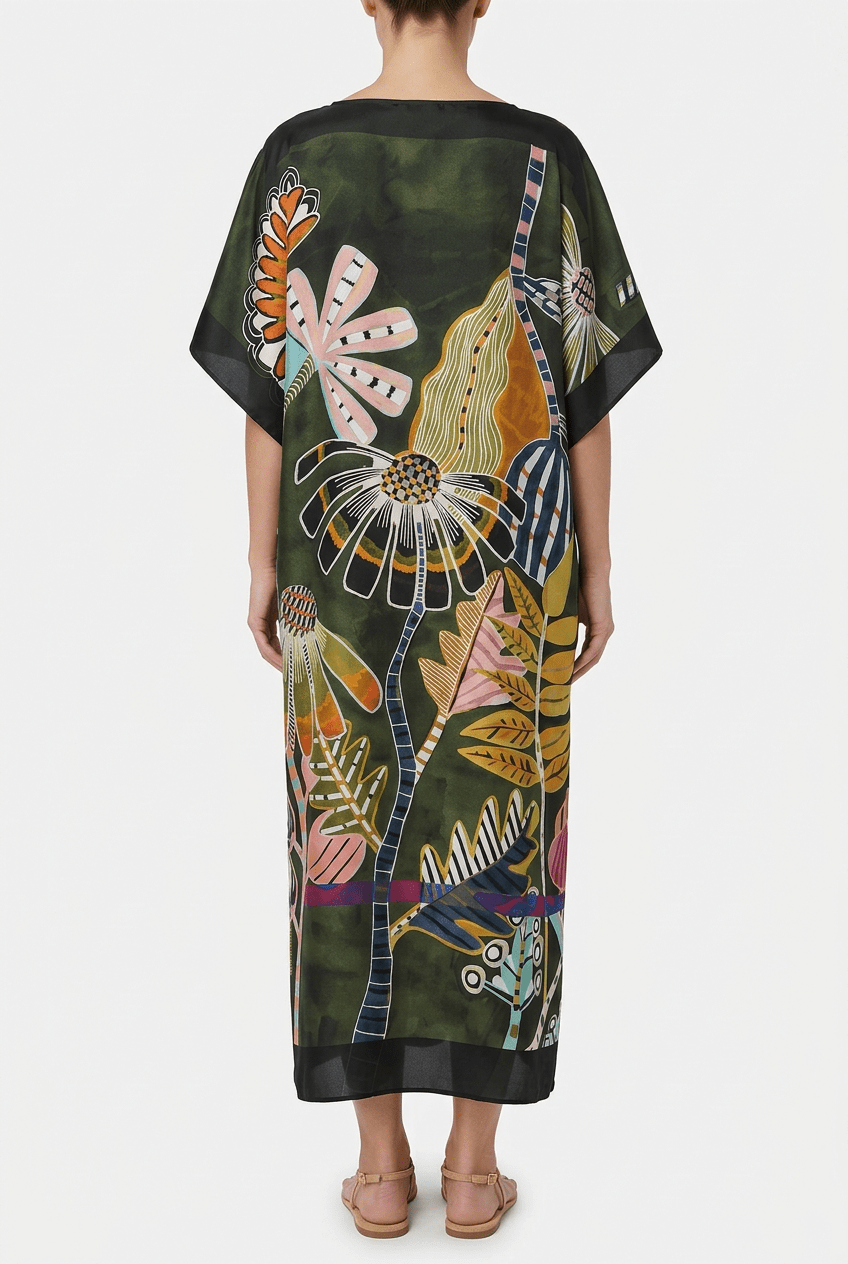 Barbieri - Caftan long imprimé fleurs vertes