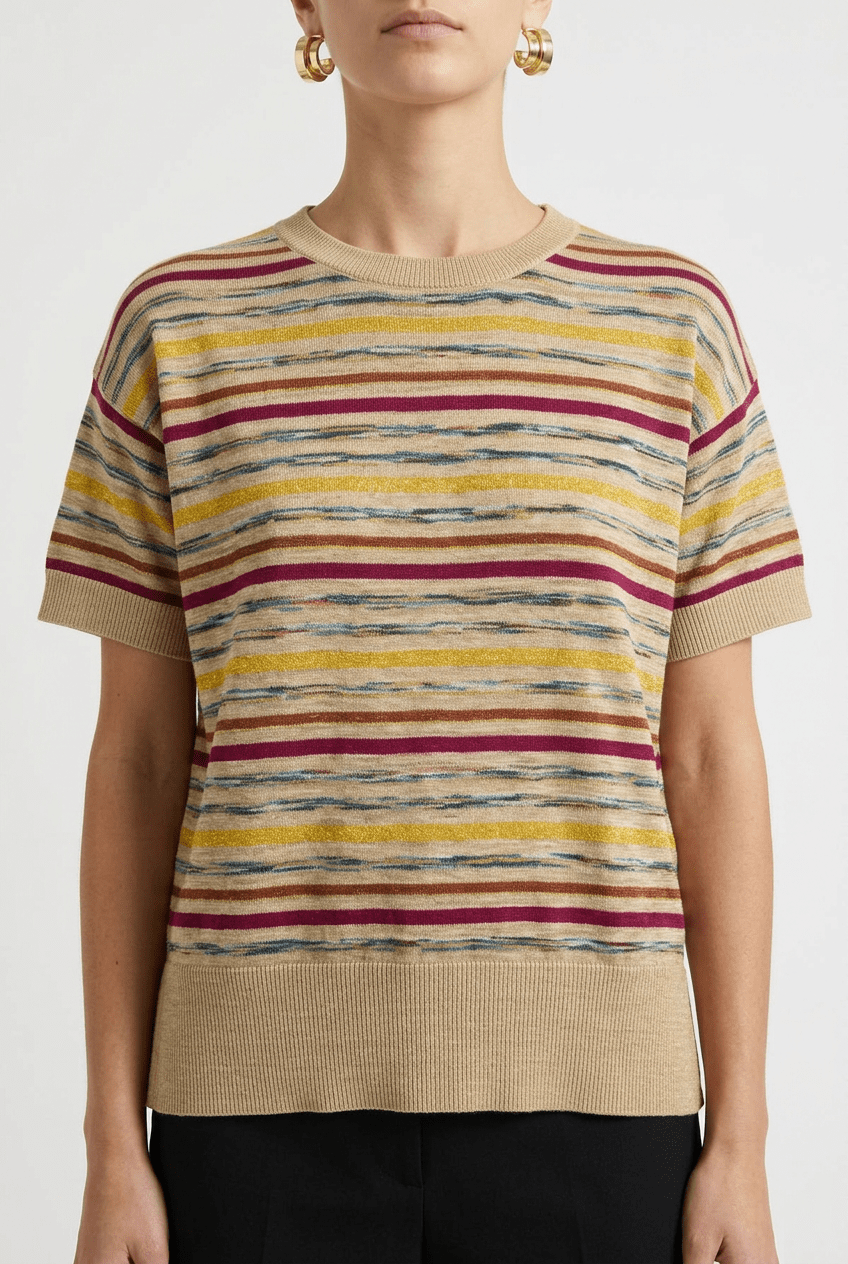 Pull de sol rayé beige à manches courtes