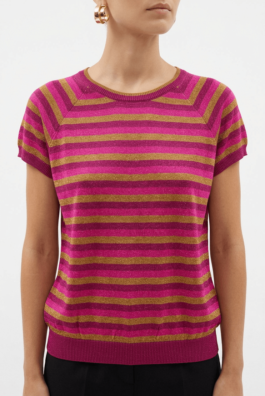 Pull Fleur Rayé Lurex Fuchsia