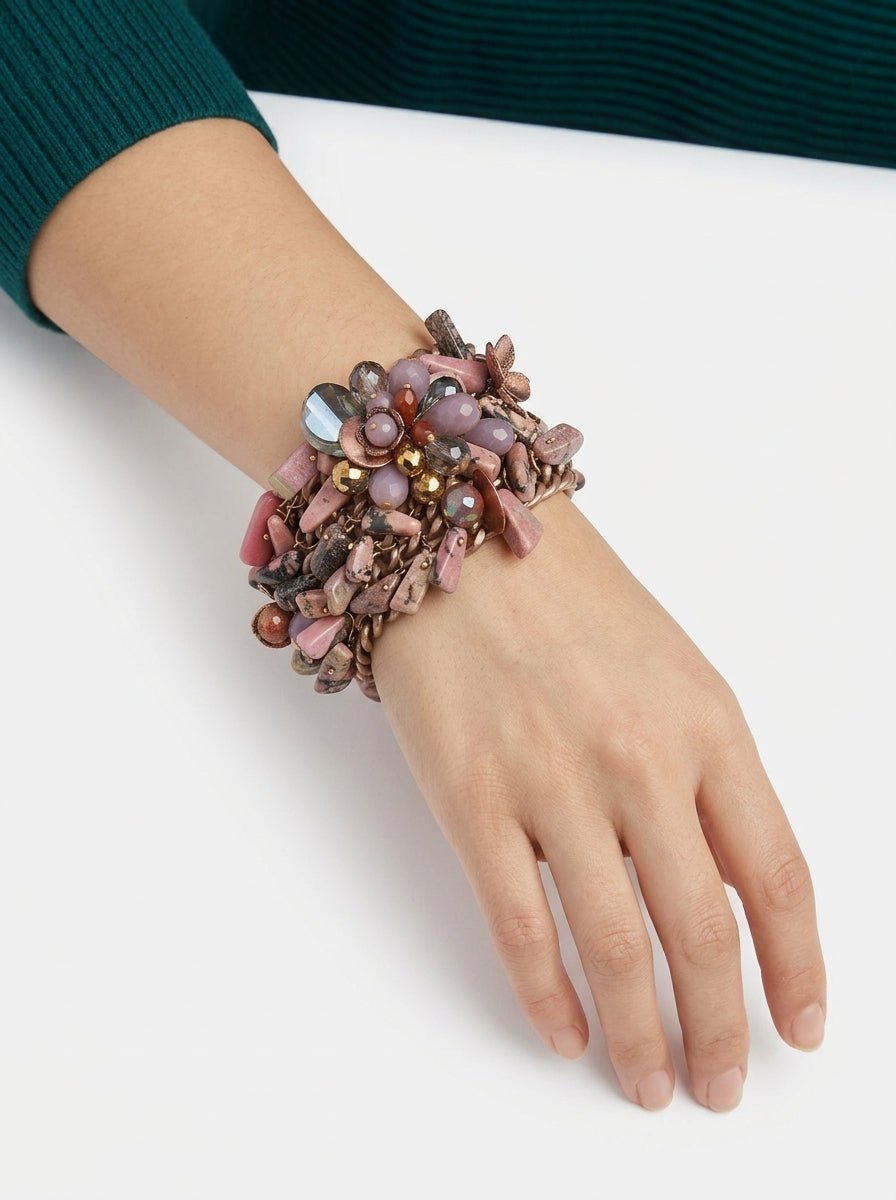 Pulsera Il Baco Da Seta Cadenas Flores y Piedras Rosa