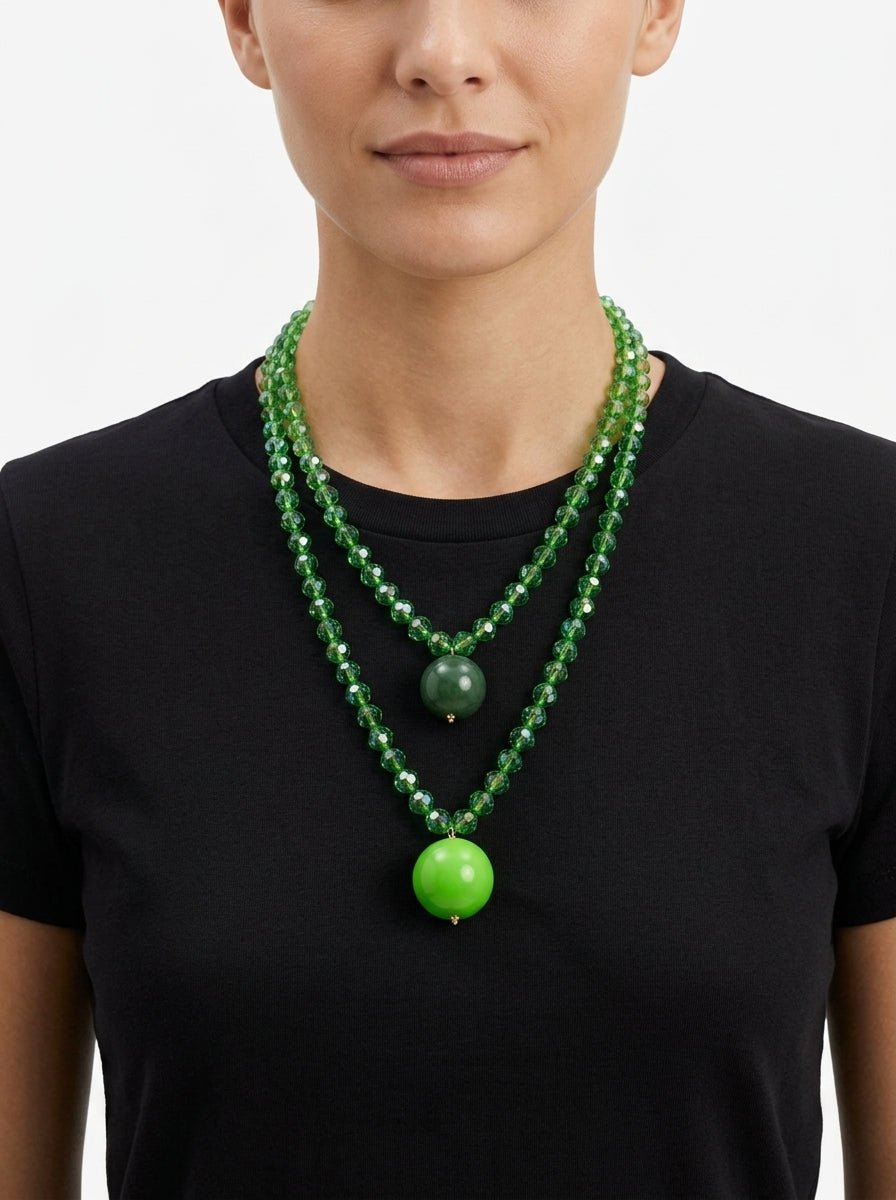 Collana Fabrizio Marcantelli con Perle e 2 Grandi Sfere di Cristallo Verdi