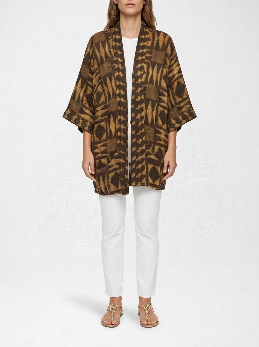 Alekai Maxi Pokets Mosaic Brown Short Kimono