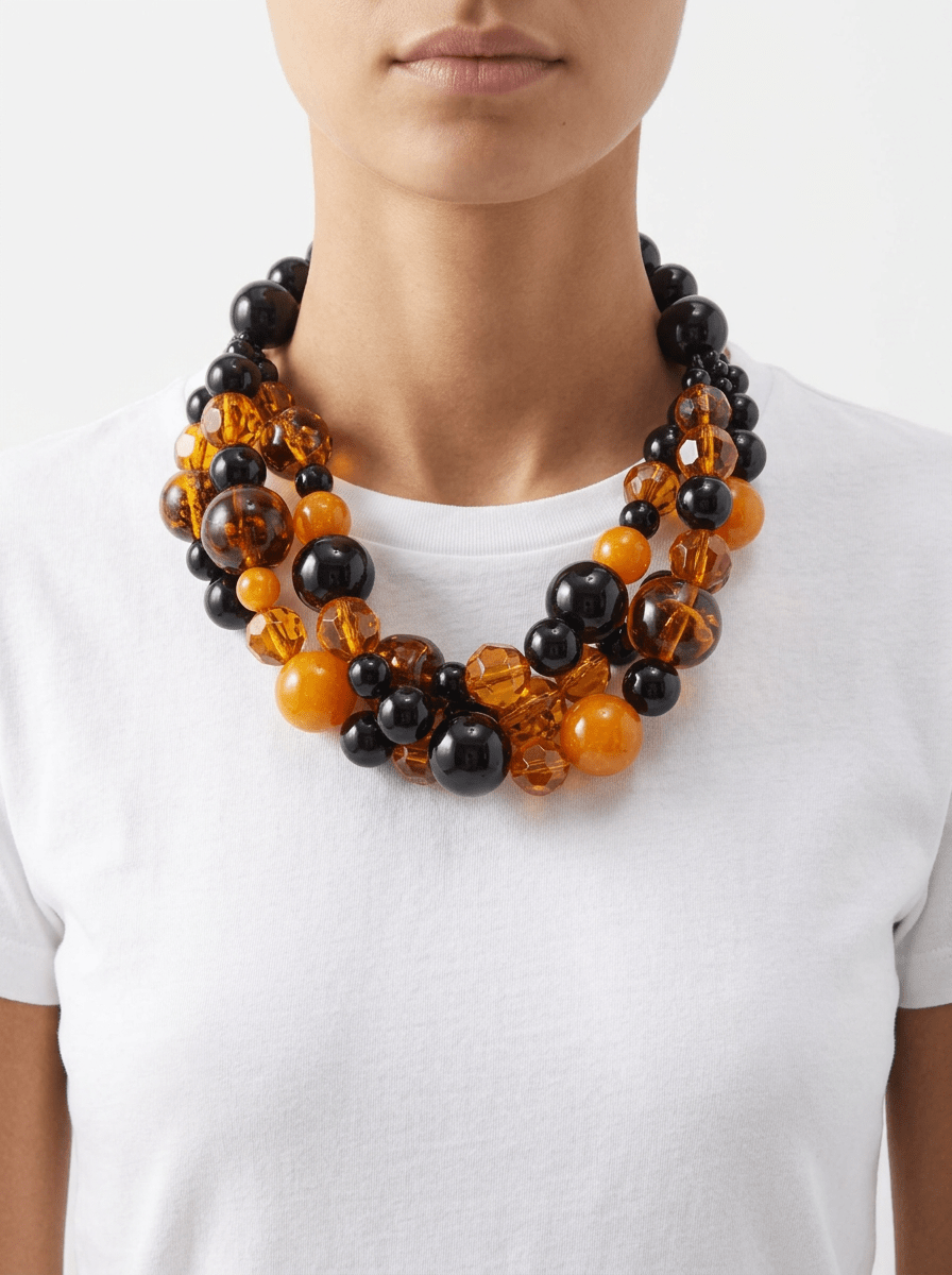 Collar Fabrizio Marcantelli Bolas Alternadas 3 Tiras Caramelo y Negro