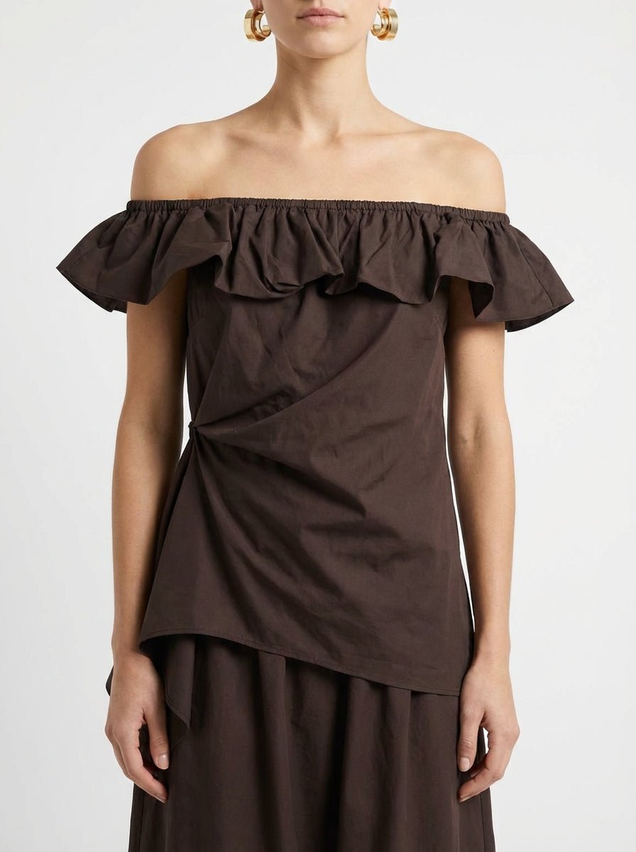 Top SU Asymétrique À Volants Marron