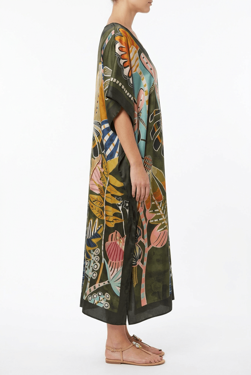 Barbieri - Caftan long imprimé fleurs vertes