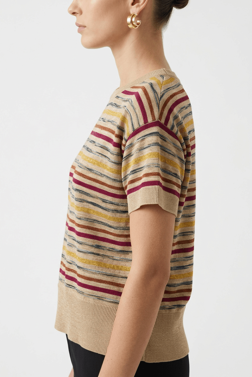 Pull de sol rayé beige à manches courtes