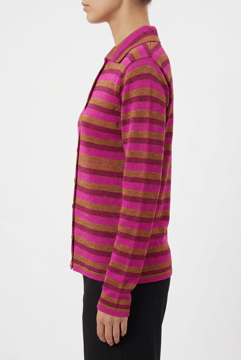 Cardigan Piano Polo Rigato Lurex Fucsia