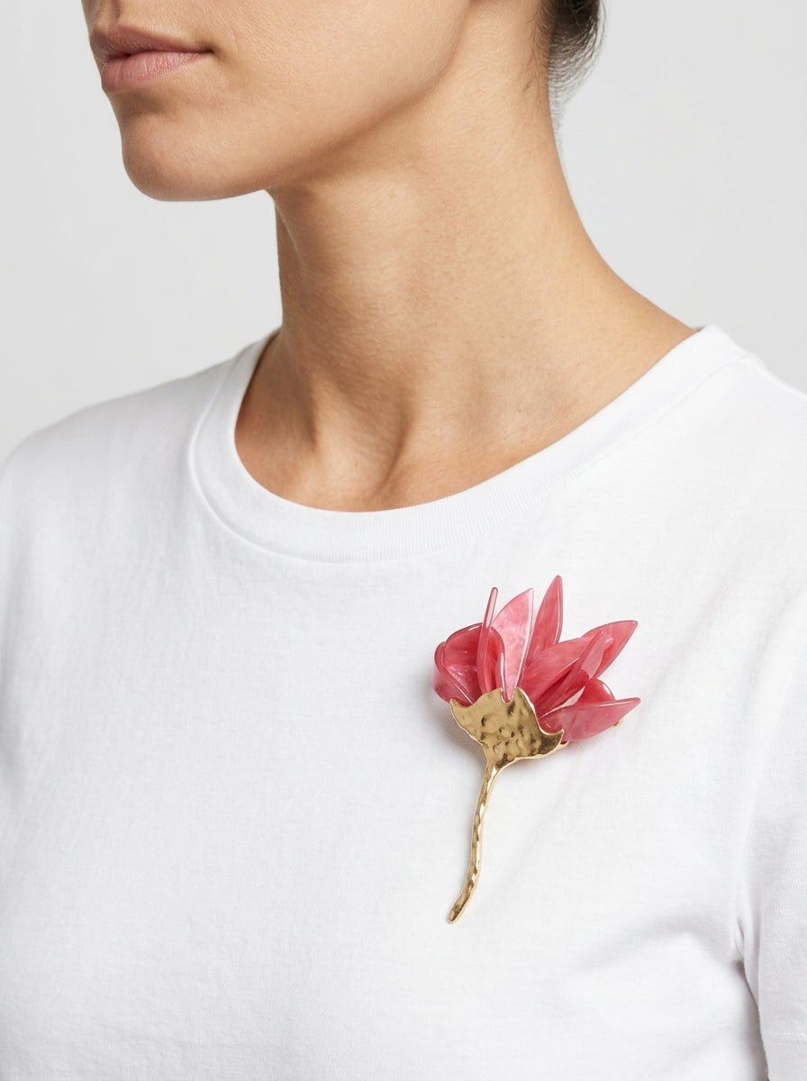 Spilla Il Baco Da Seta Fiore in metallo resina rosa