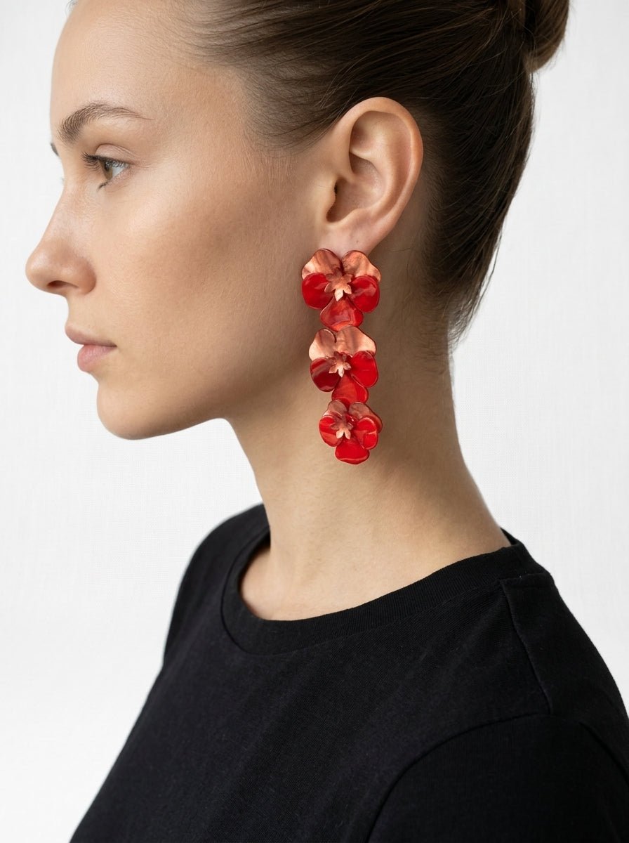 Pendientes Il Baco Da Seta 3 Flor Resina Rojo