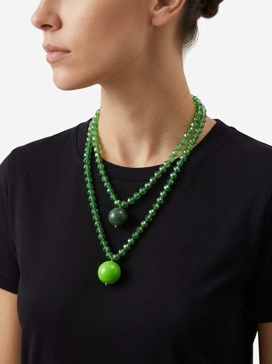 Collana Fabrizio Marcantelli con Perle e 2 Grandi Sfere di Cristallo Verdi