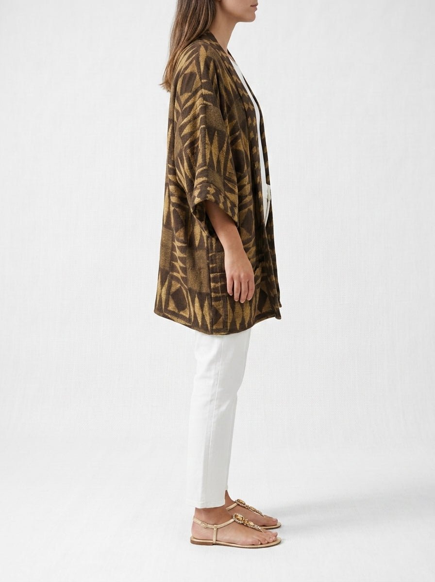 Alekai Maxi Pokets Mosaic Brown Short Kimono