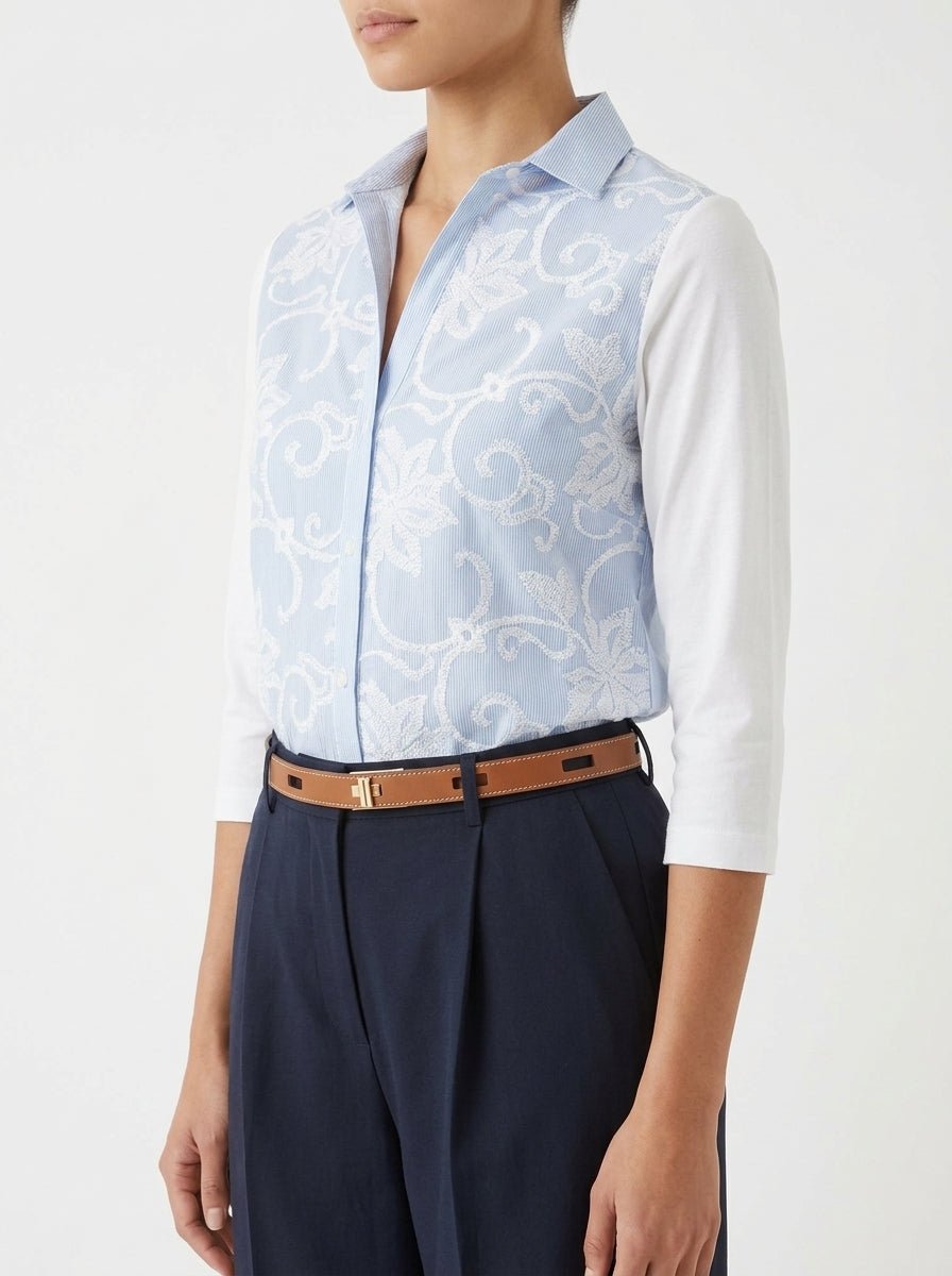 Whyci Milano Striped Embroidered French Sleeve Shirt