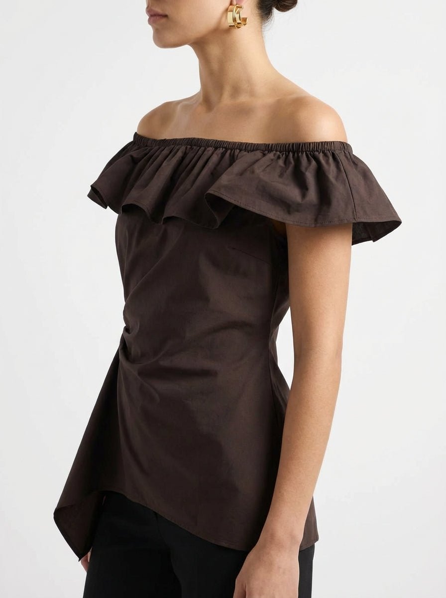 Top SU Asymétrique À Volants Marron