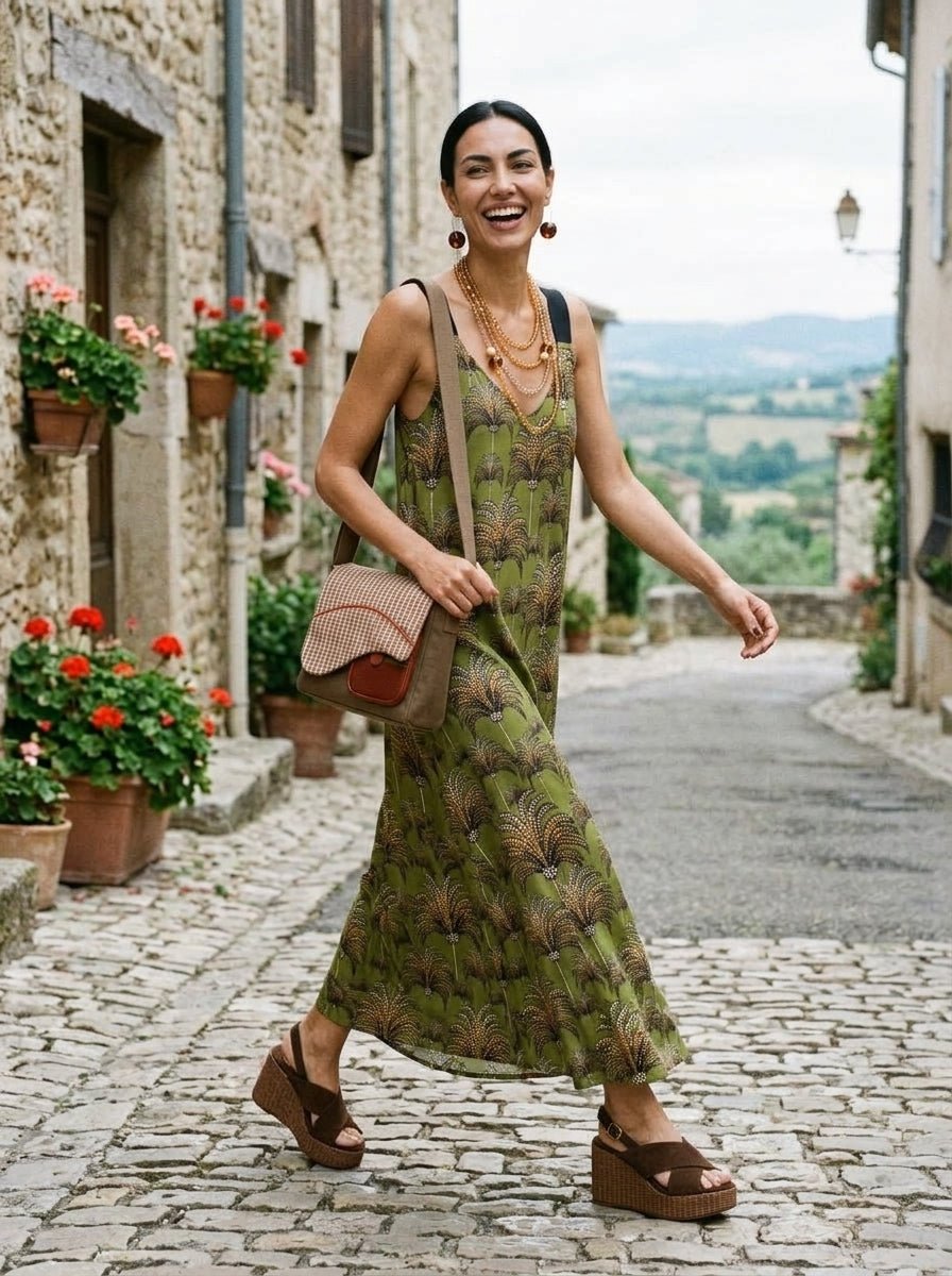 Green Palm Print Straps Parole Dress