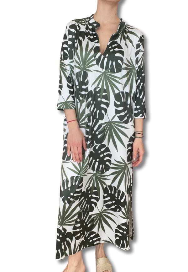 Soniae Mandarin Collar Palm Tree Dress
